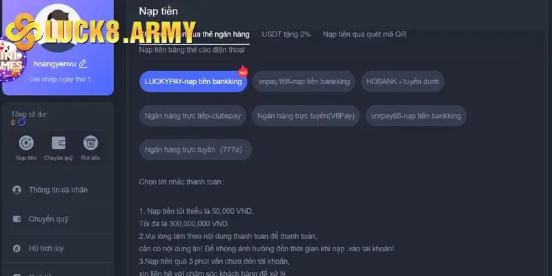 Hướng dẫn nạp tiền Luck8 qua chuyển khoản ngân hàng